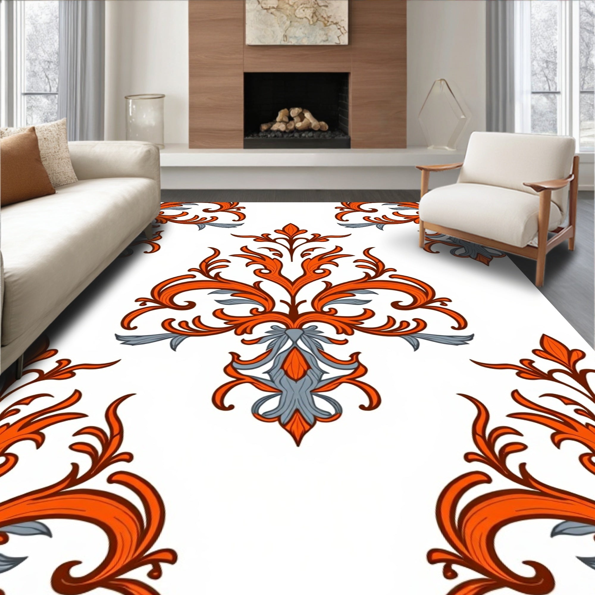 Distressed Damask Scroll with Weathered Finish Effects (Orange) - ODIKA