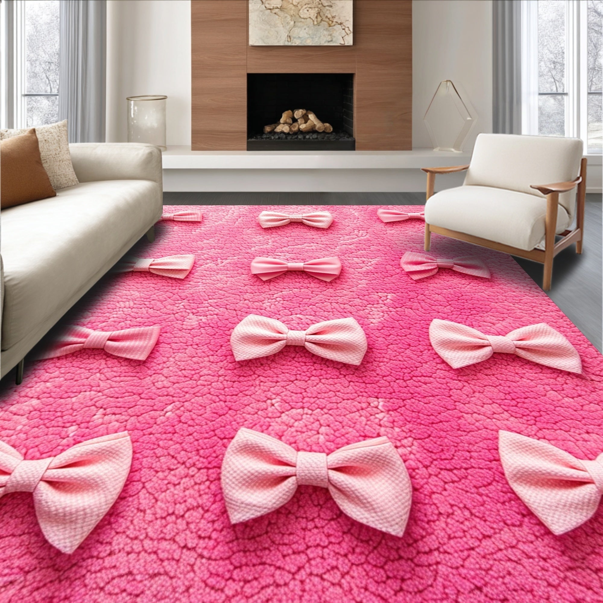Ultra Soft Area Rug, Non Slip, Stain Resistant, Washable Area Rugs for Living Room, Bedroom, Cute Bow Shaped Plush Rug for Girly Bathroom Decor(Pink)