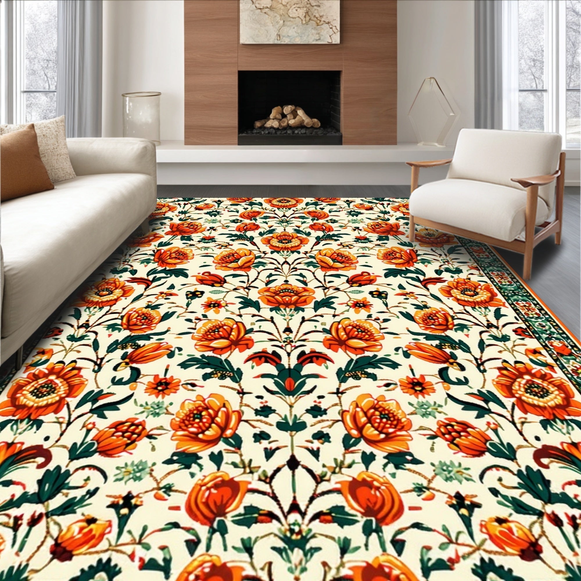 Ultra Soft Area Rug, Non Slip, Stain Resistant, Washable Area Rugs for Living Room, Bedroom, Vintage Floral Low Pile Living Room Rug(Ivory)