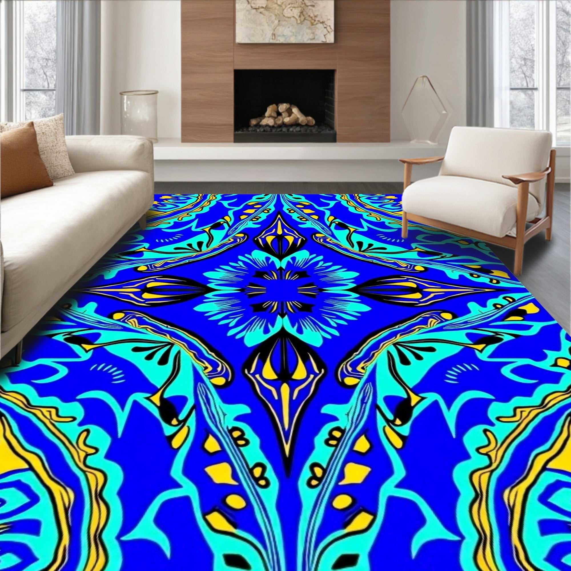 Boho Floral Throw with Abstract Leaf and Interlocking Shapes (Blue) - ODIKA