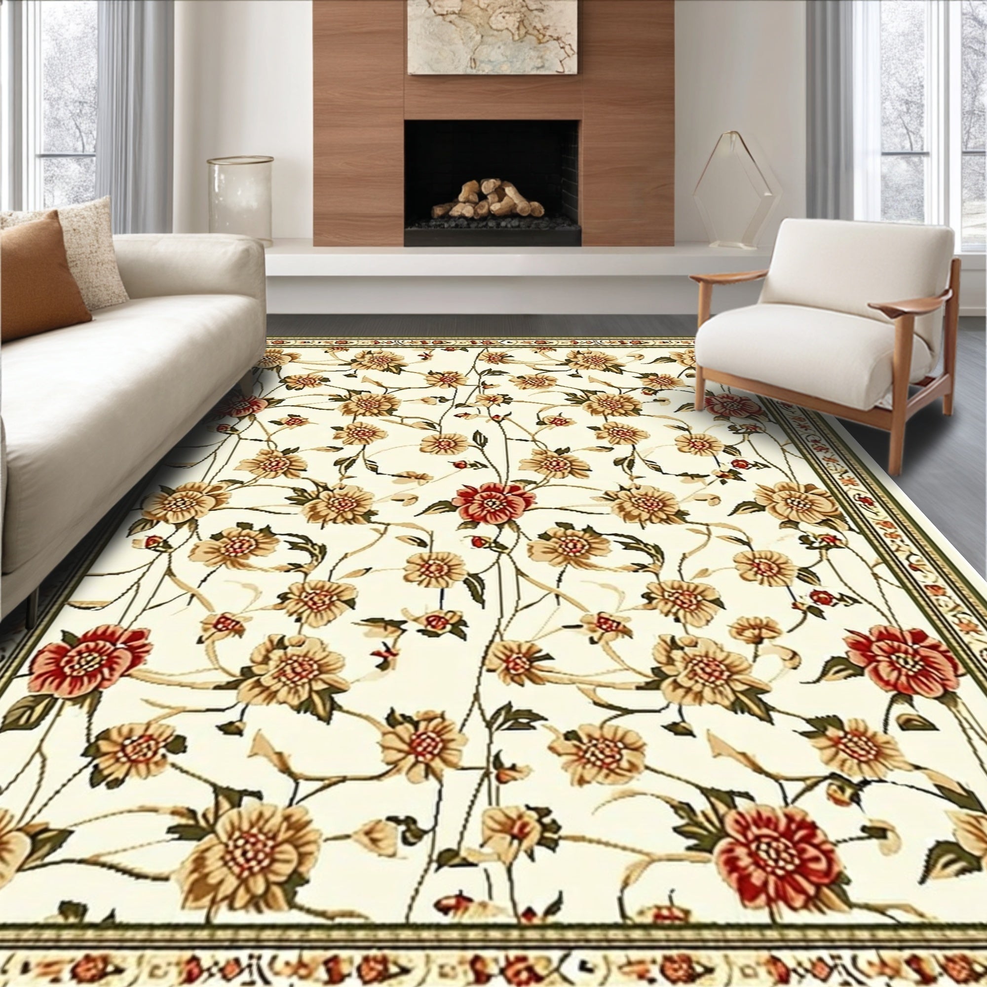 Ultra Soft Area Rug, Non Slip, Stain Resistant, Washable Area Rugs for Living Room, Bedroom, Retro Floral Dining Room Non-Slip Rug(Beige)