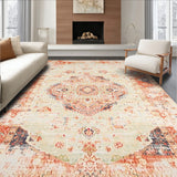 Beige Brown Vintage Medallion Distressed Retro Floor(Beige)