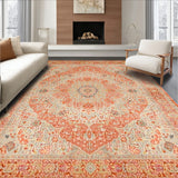 Textured Boho Area Featuring Muted Floral Designs in Terracotta Tones(Orange)
