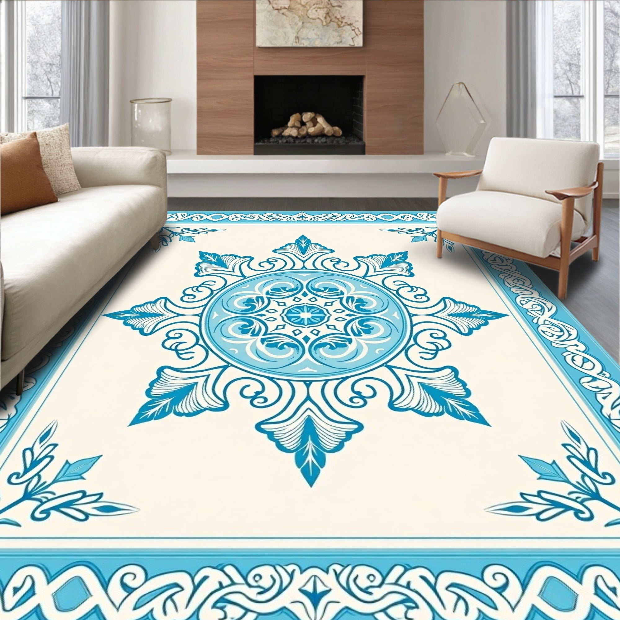 Whimsical Starburst Elegant Swirl Trellis Medallion Nouveau Floral (Blue) - ODIKA