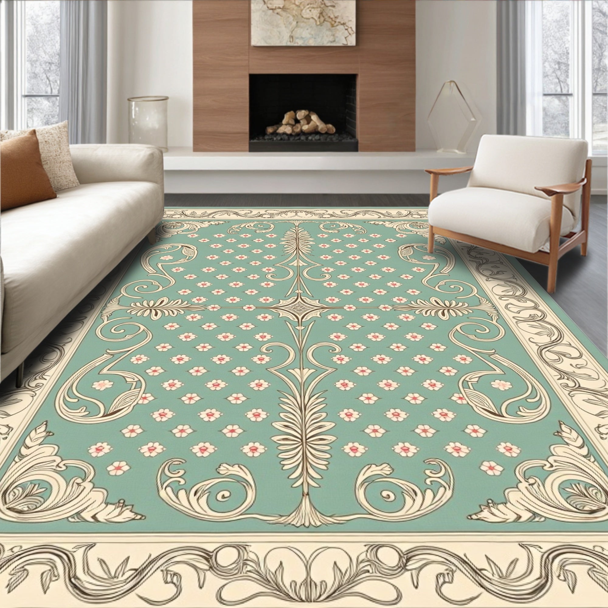 Victorian Blossom Lattice with Ornate Leaf Scrolls (Green) - ODIKA