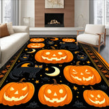 Wicked Halloween Pumpkin Runner Rug with Sinister Black Cat and Moon Motifs(Black)