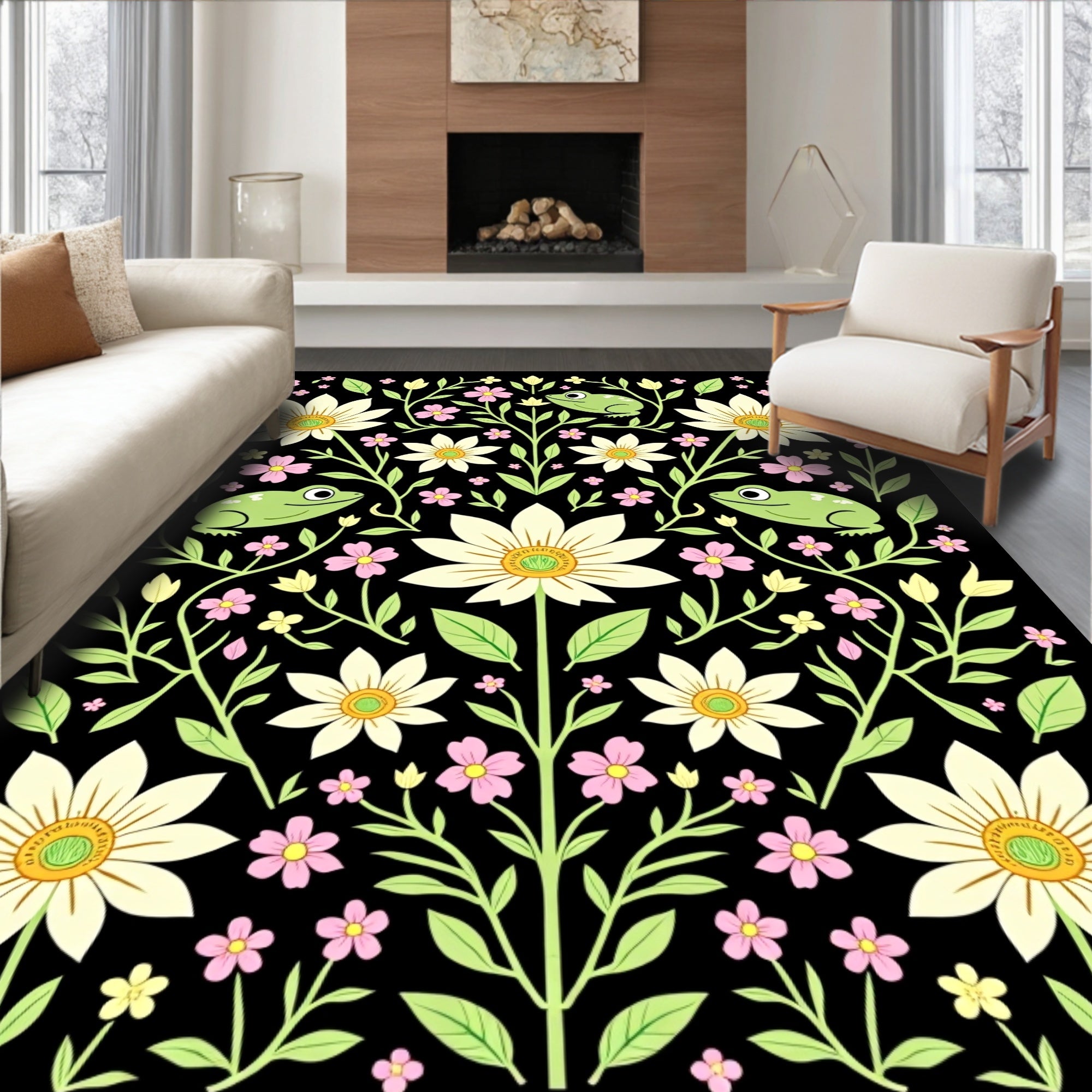 Cottagecore Lotus Meadow with Frogs Wildflowers and Delicate Leaves (Black) - ODIKA