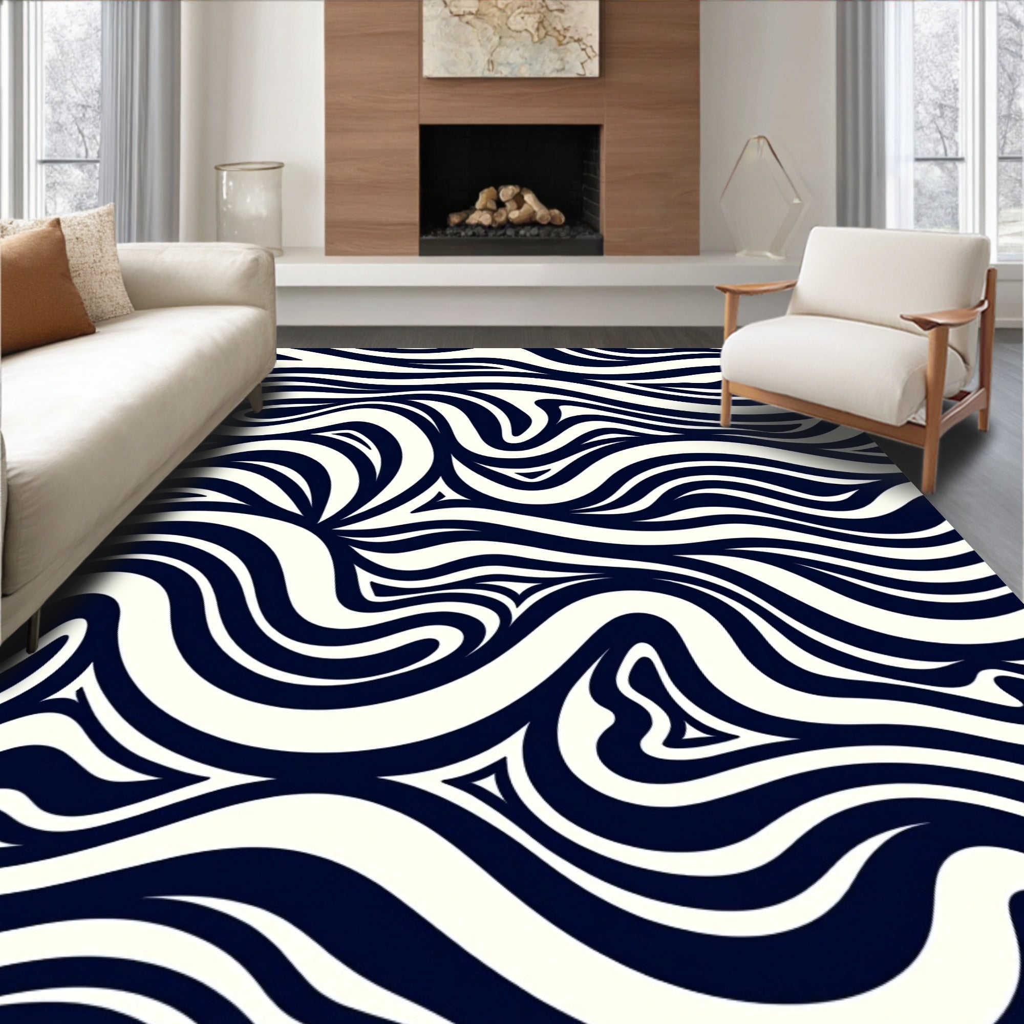 Abstract Wave Ripple Design Modern Contemporary Floor with Flow Motifs (Black) - ODIKA