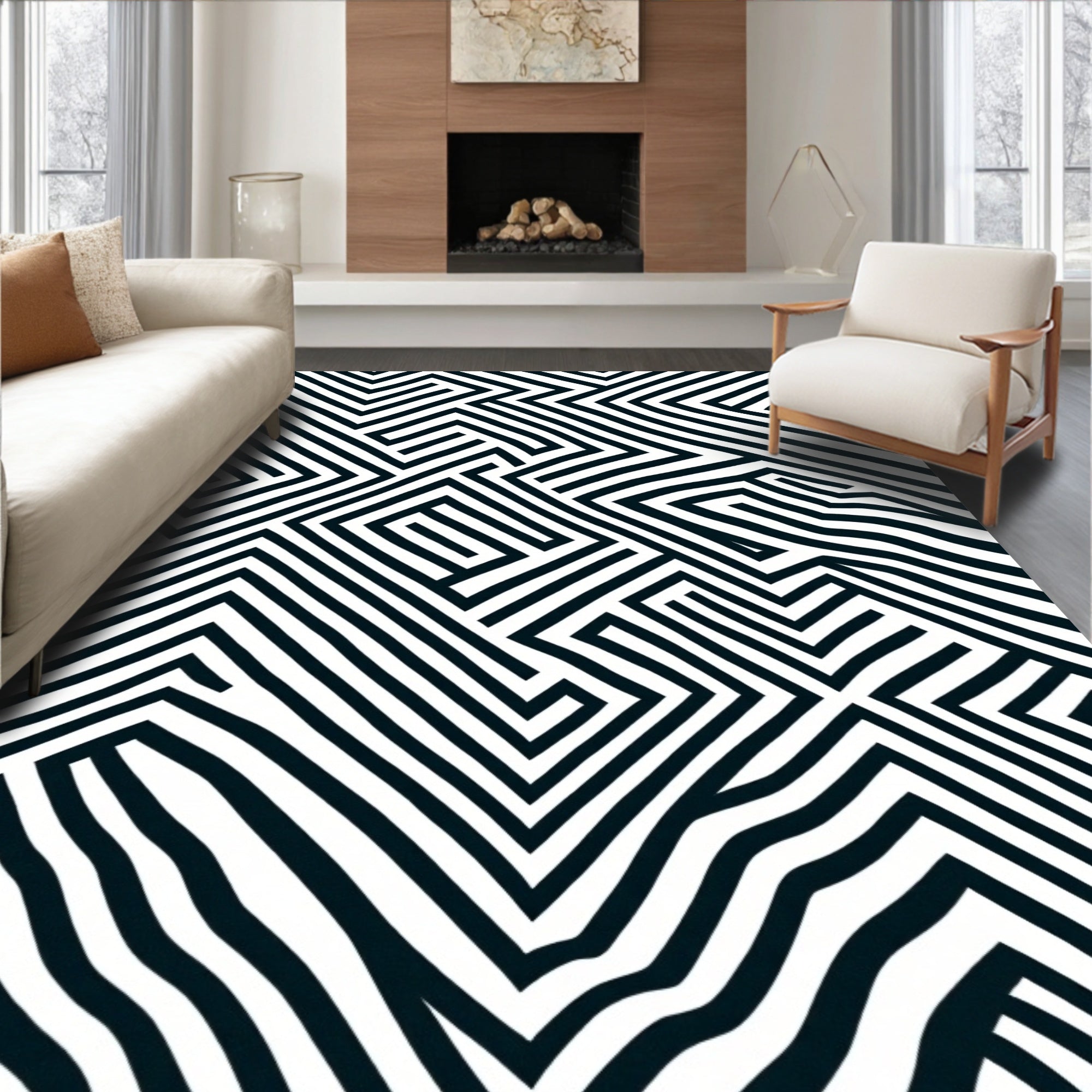 Interlocking Chevron Maze with Nordic Minimalist Motifs (Black) - ODIKA