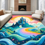 Castle silhouette rainbow waves rug pink