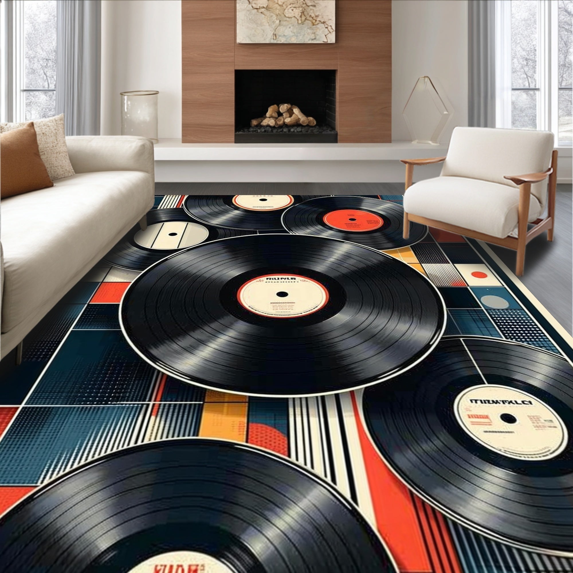 Ultra Soft Area Rug, Non Slip, Stain Resistant, Washable Area Rugs for Living Room, Bedroom, Retro Vinyl Record Music Room Non Slip Rug(Black)