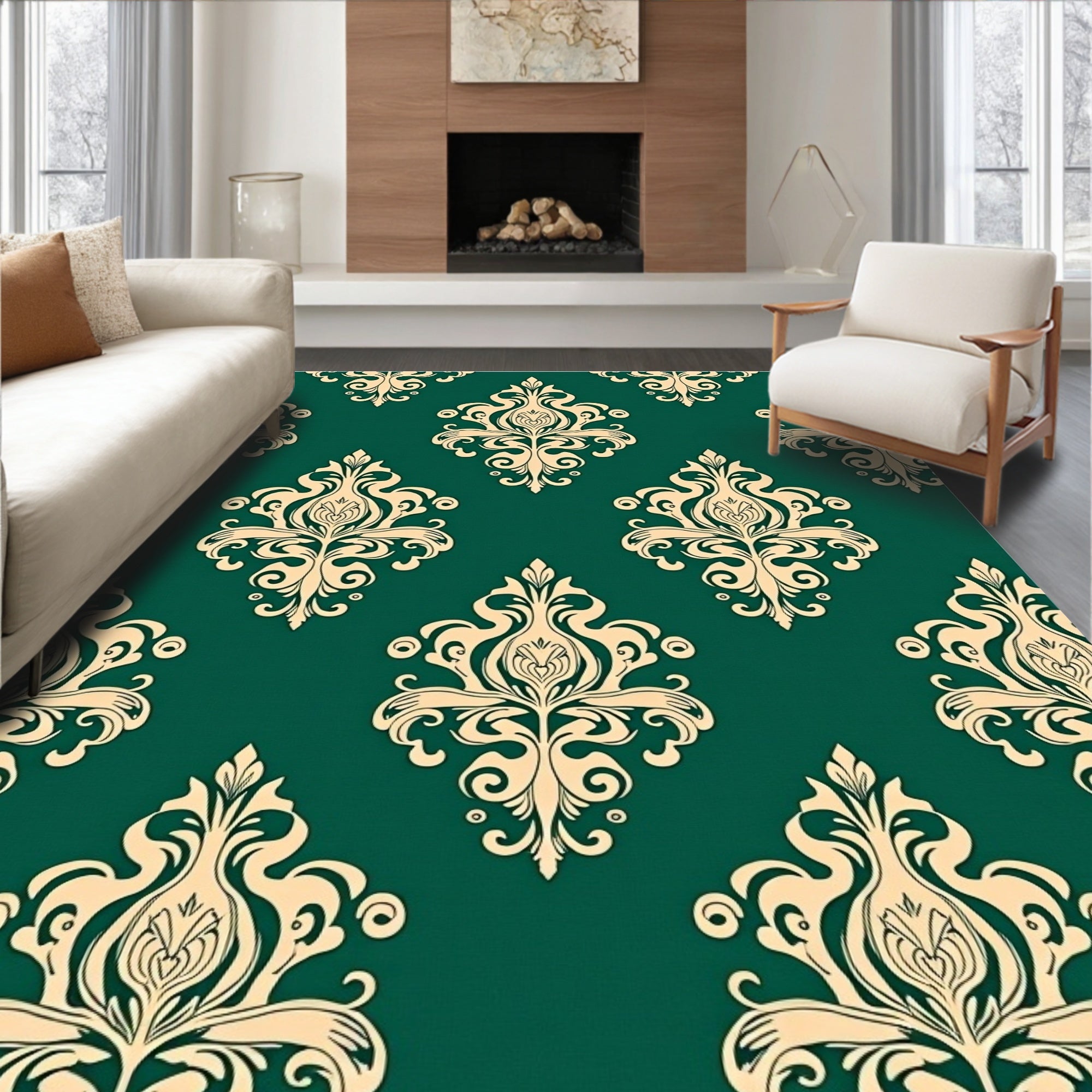 Damask Scroll with Baroque Floral Medallions (Green) - ODIKA