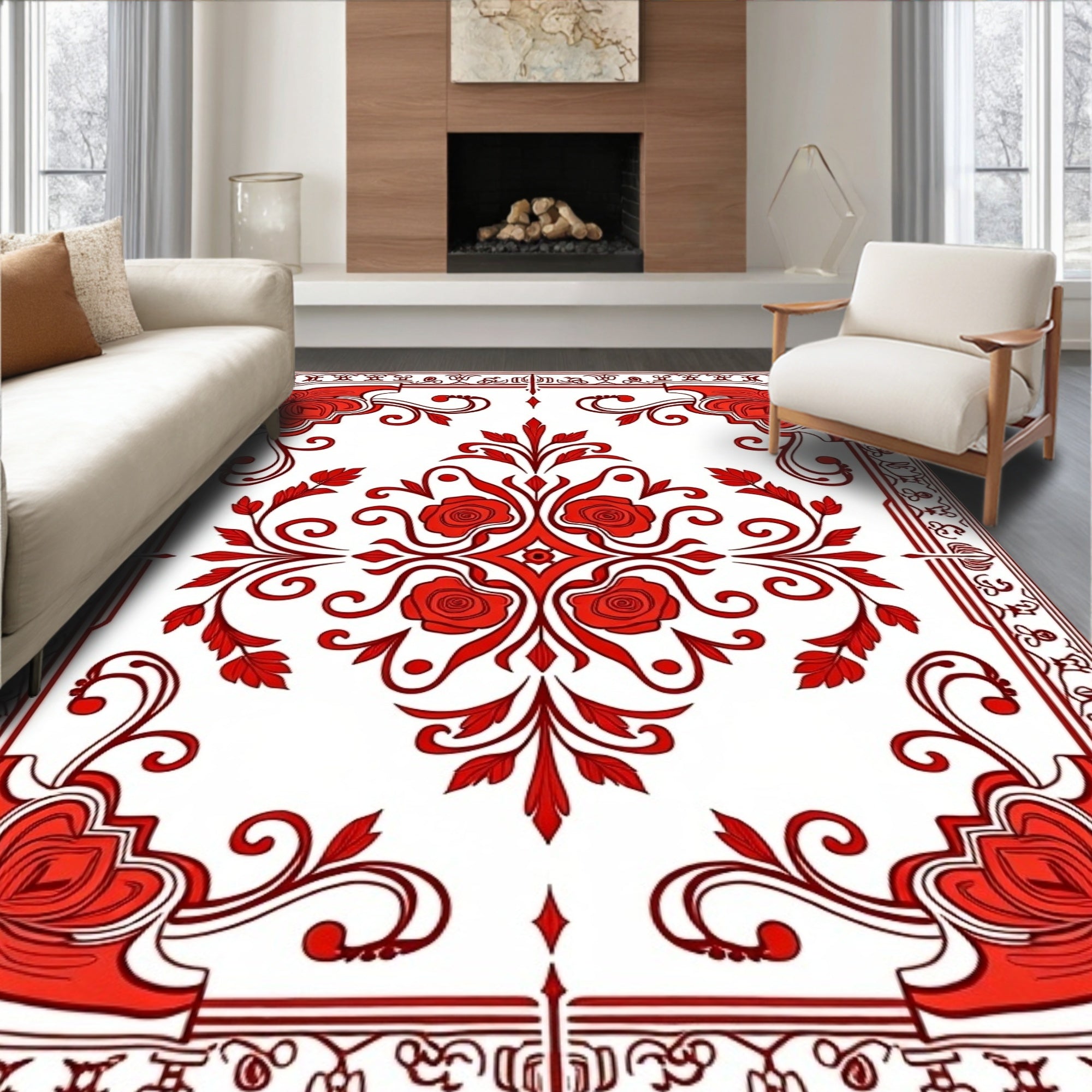 Heritage Damask Scroll with Vintage Rose Motifs (Red) - ODIKA