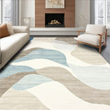 Modern Wavy Abstract Area Featuring Beige Cream and Muted Blue Swirls(Beige)