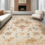 Distressed Medallion Geometric Area With Vintage Floral Motif Accents(Beige)