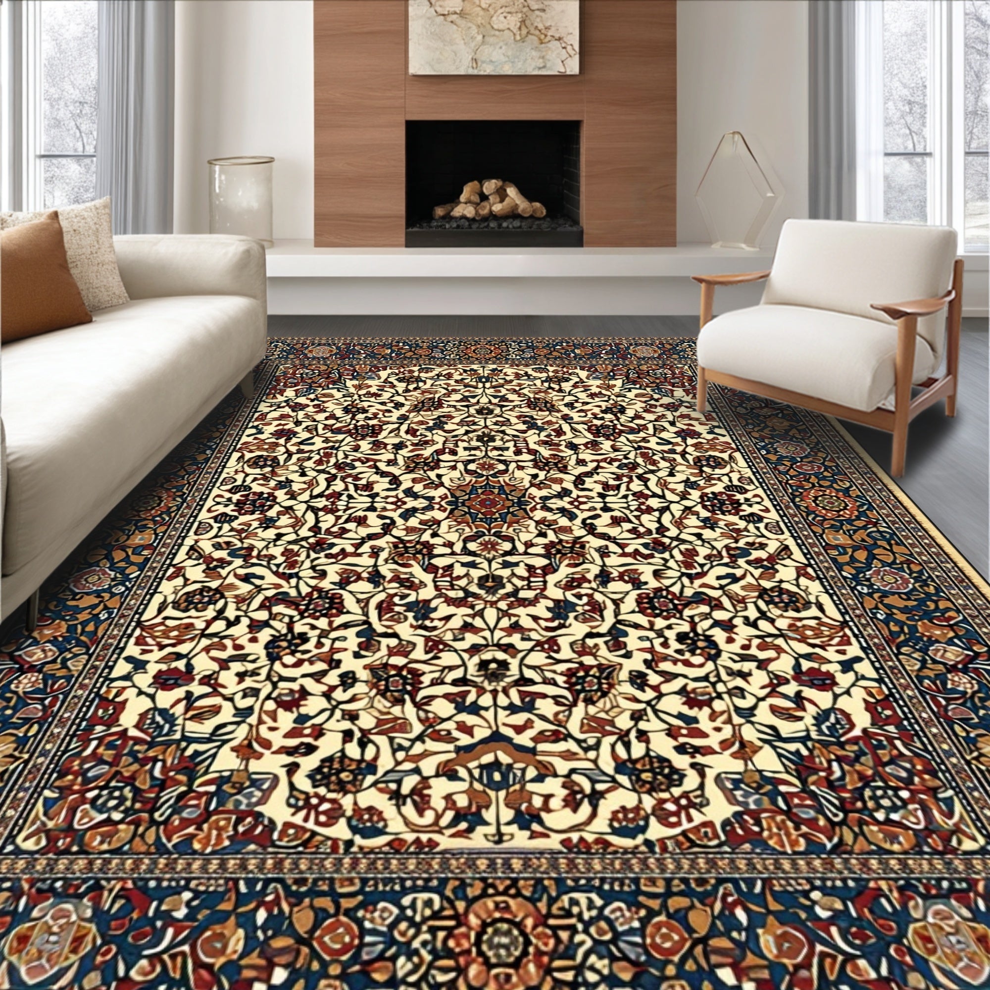Ultra Soft Area Rug, Non Slip, Stain Resistant, Washable Area Rugs for Living Room, Bedroom, Traditional Floral Entryway Rug for High Traffic Areas(Ivory)