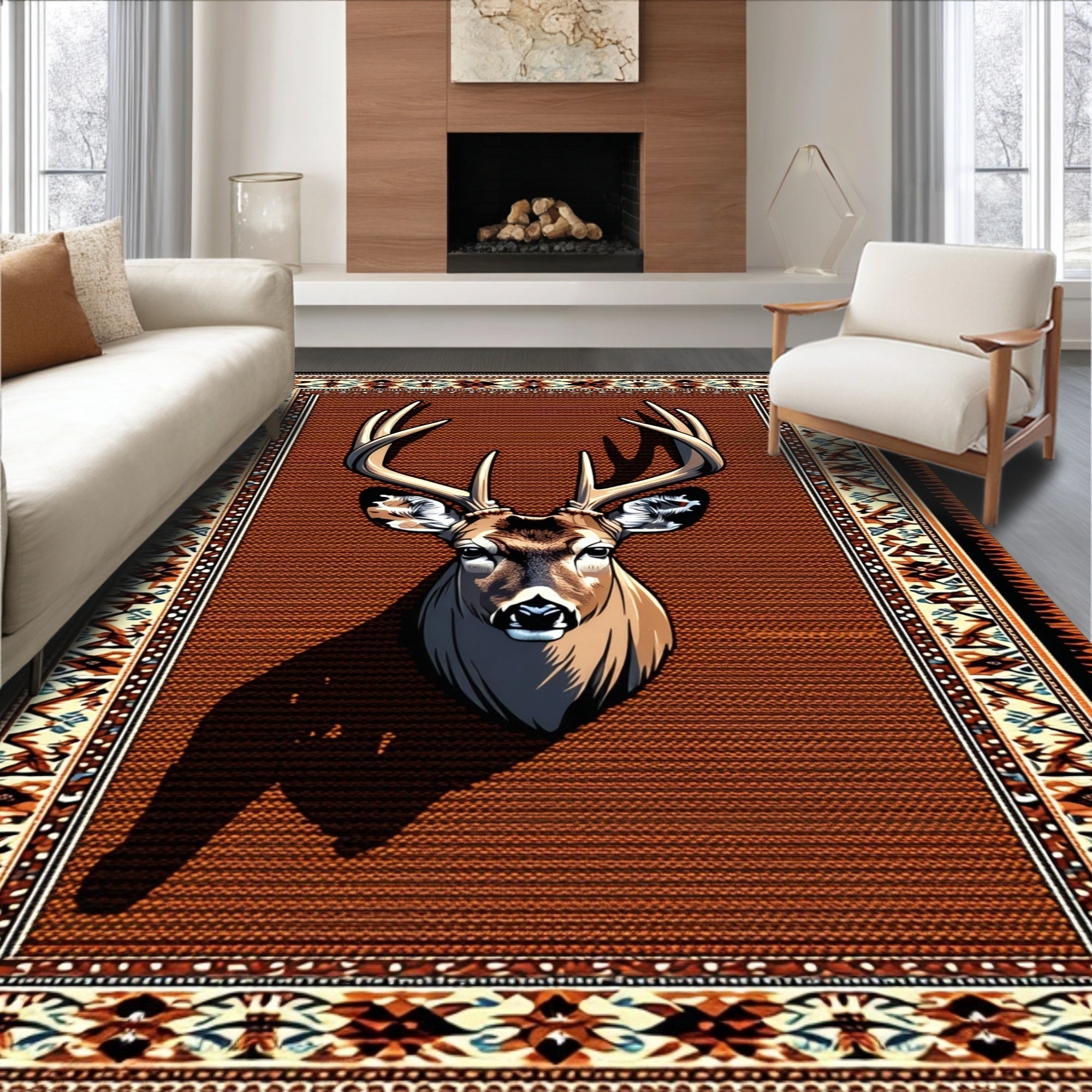 Ultra Soft Area Rug, Non Slip, Stain Resistant, Washable Area Rugs for Living Room, Bedroom, Rustic Western Deer Print Living Room Rug(Brown)