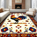 Country Rooster Design Area Slip Resistant Beige Multi Color Folk Art Style(White)