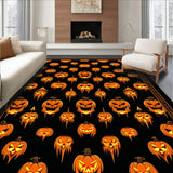 Dark Harvest Halloween Bath Rug Featuring Pumpkin Skull Faces and Creepy Glyphs(Black)