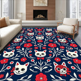 Whimsical Feline Skeletons Floral Masquerade Motif(Navy Blue)