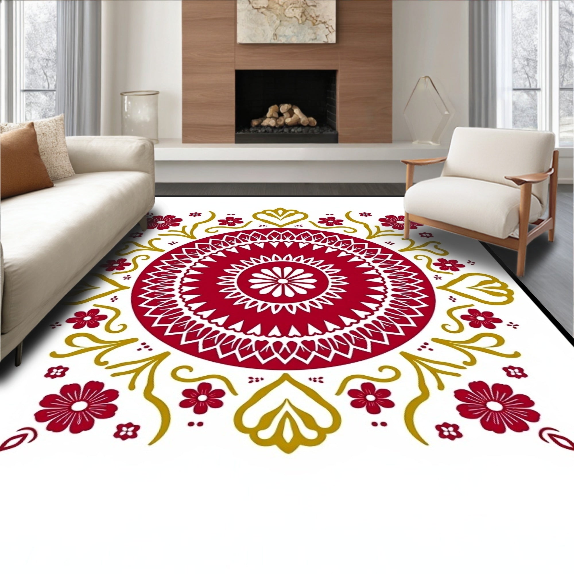 Boho Sunburst Medallion Enriched by Whimsical Swirling Florals (Red) - ODIKA