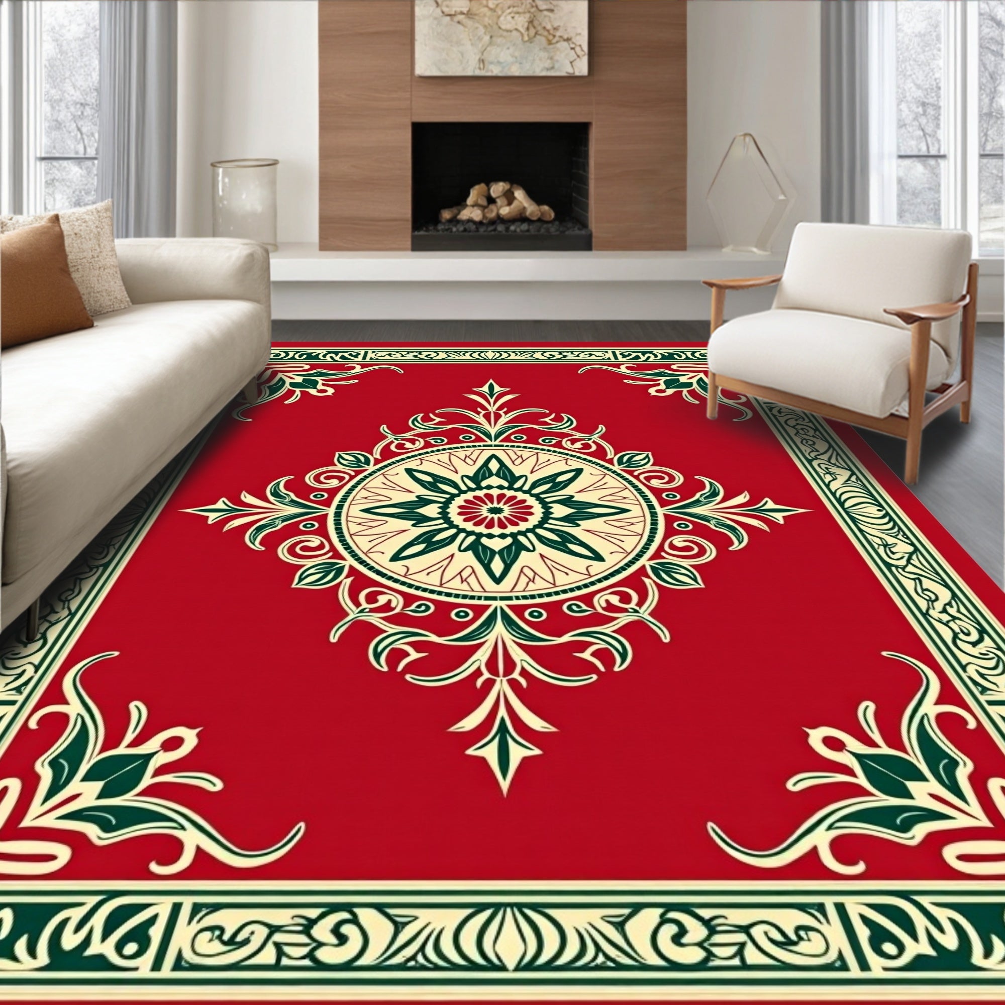 Vintage Botanical Medallion Print with Distressed Art Nouveau Motifs (Red) - ODIKA