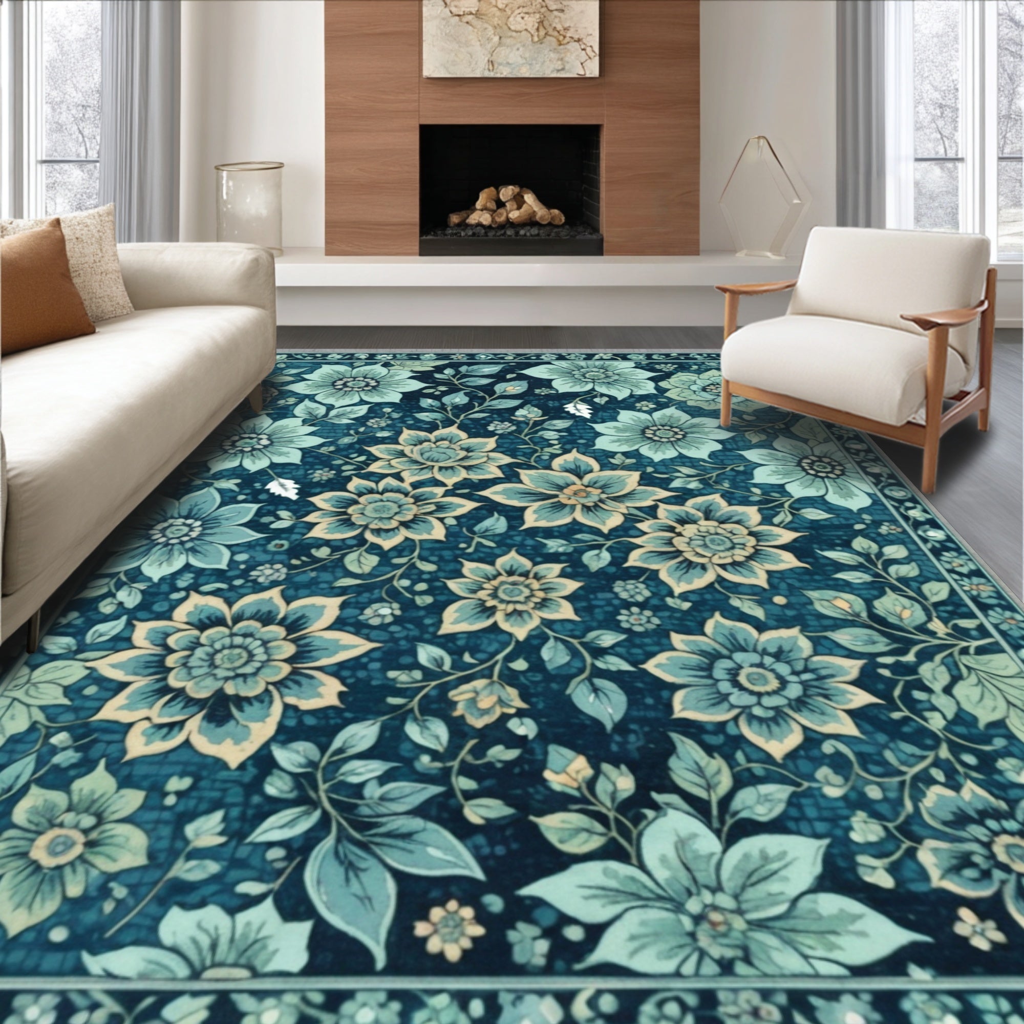 Ultra Soft Area Rug, Non Slip, Stain Resistant, Washable Area Rugs for Living Room, Bedroom, Washable Floral Area Rug for Dining Room Decor(Blue)
