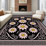 Meadow Bloom Trellis Motif with Stylized Petals and Interlocking Vines(Black)
