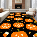 Haunted Pumpkin Patch Rug With Grinning Jack O Lanterns And Spooky Cat Shadows(Black)