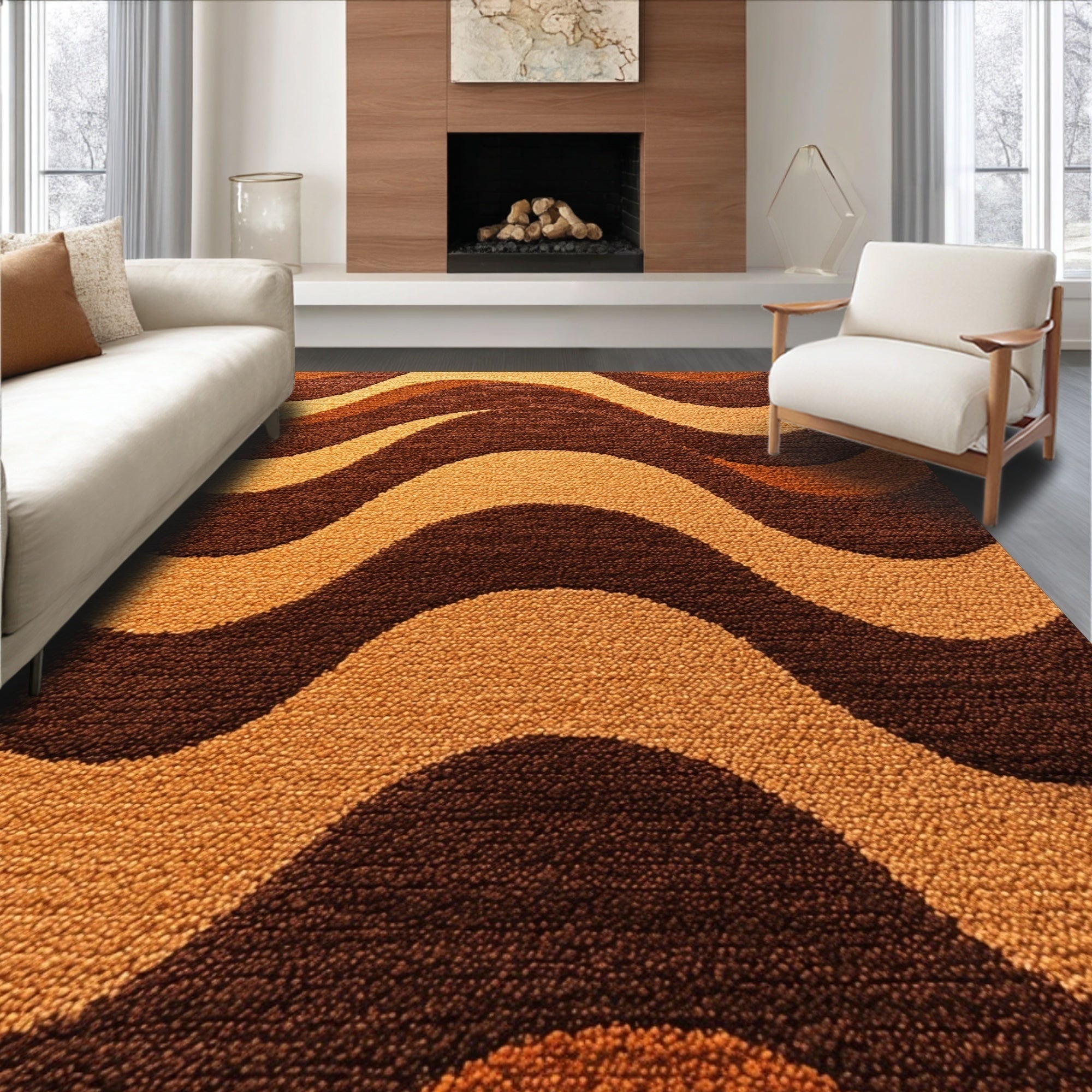 Ultra Soft Area Rug, Non Slip, Stain Resistant, Washable Area Rugs for Living Room, Bedroom, Modern Wavy Circles Living Room Plush Area Rug(Brown)