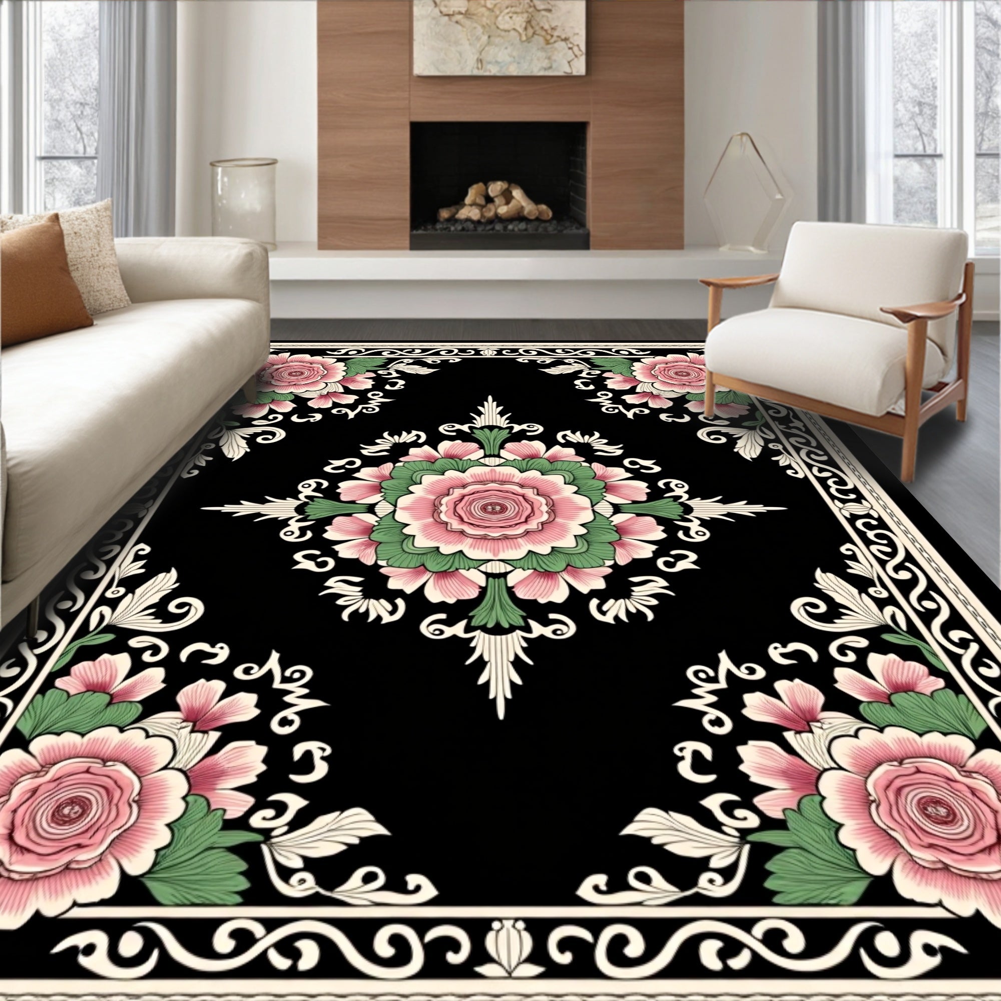 Vintage Floral Medallion with Victorian Rose Bouquets (Black) - ODIKA