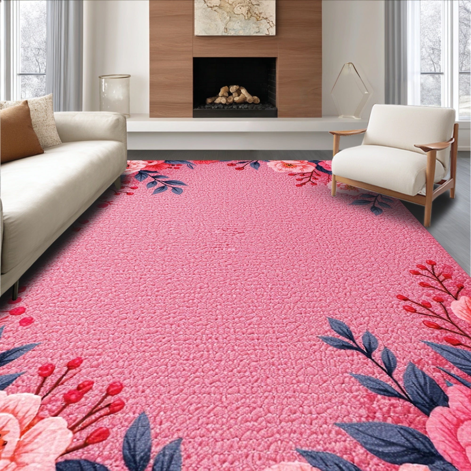 Ultra Soft Area Rug, Non Slip, Stain Resistant, Washable Area Rugs for Living Room, Bedroom, Romantic Pink Floral Bathroom Non-Skid Rug(Pink)