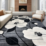 Contemporary Black and Grey Floral Silhouette Rug with Artistic Detailing(White)