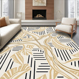 Abstract Angular Network with Black Stripes and Leaf Shapes(Beige)