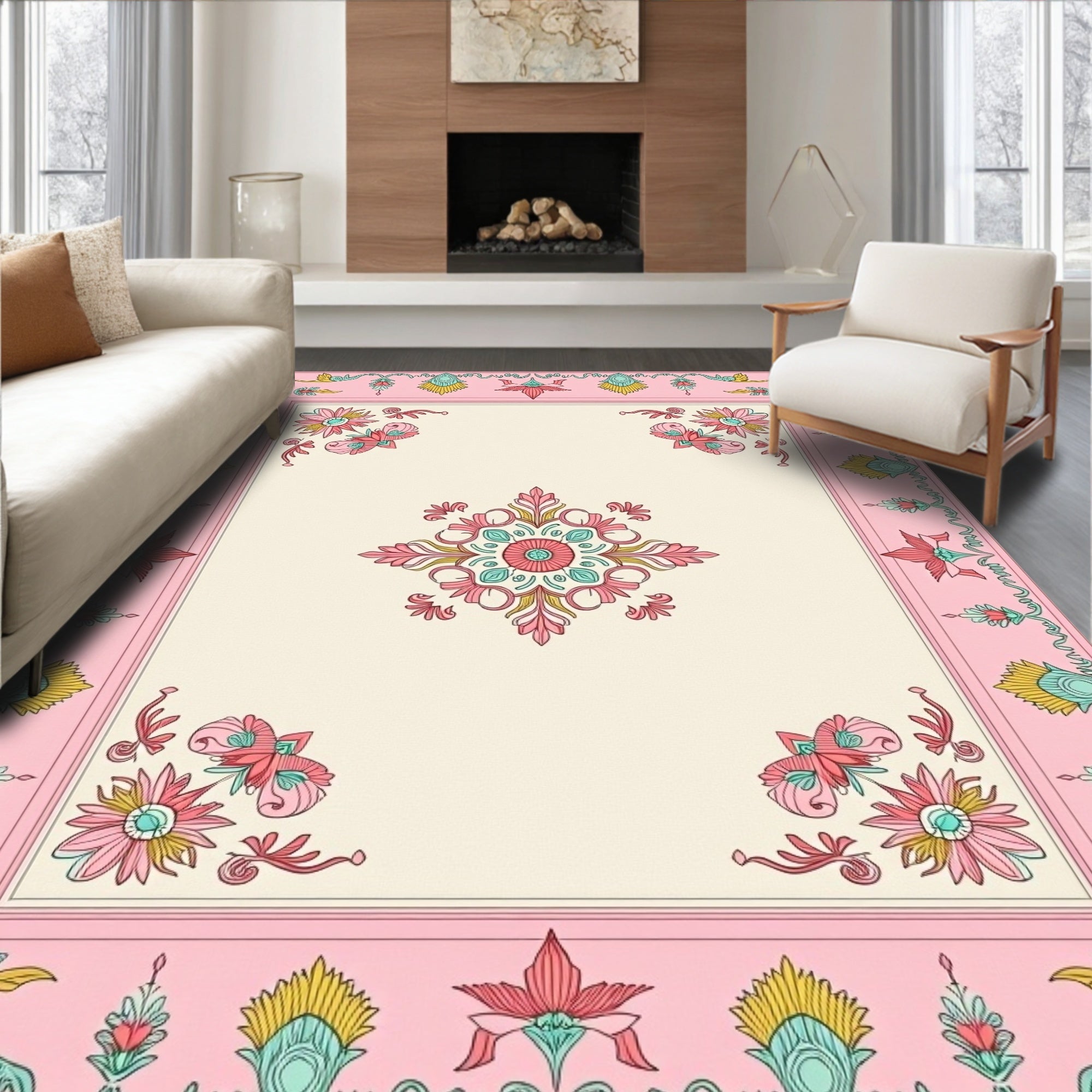 Vintage Botanical Medallion Motif with Distressed Floral Accents (Pink) - ODIKA