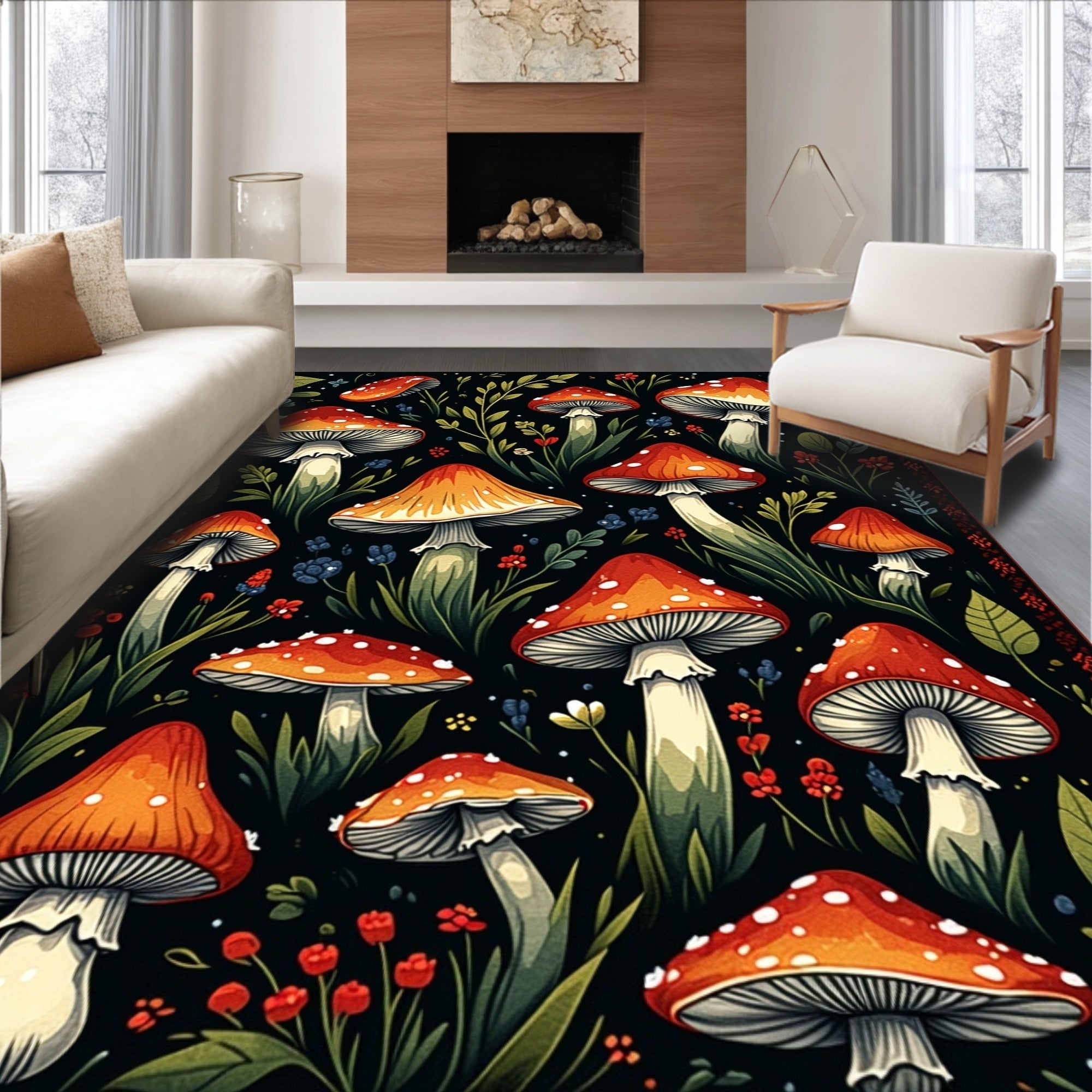 Ultra Soft Area Rug, Non Slip, Stain Resistant, Washable Area Rugs for Living Room, Bedroom, Witchy Black Mushroom Kitchen Runner Rug(Red)