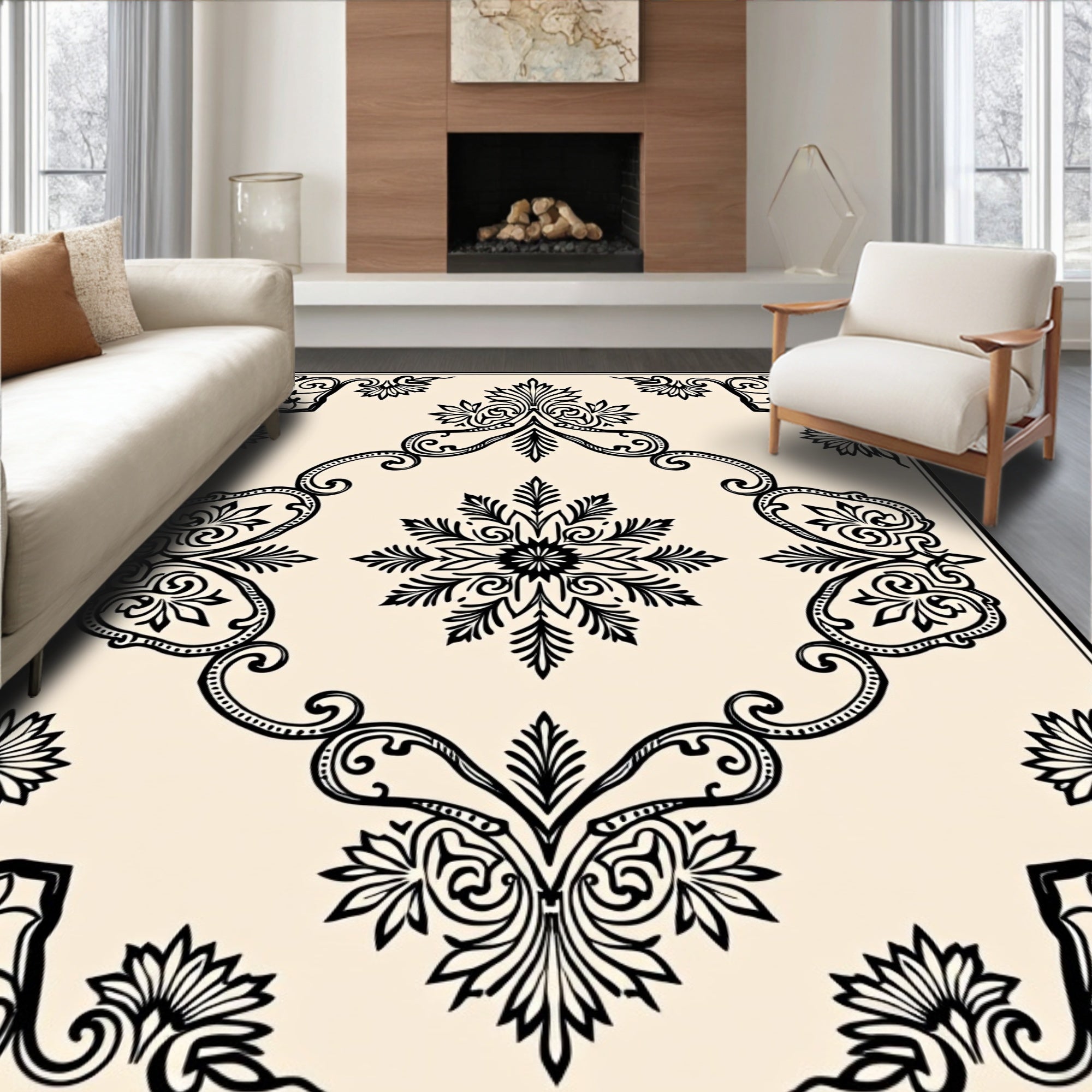 Classic Damask Inspired with Symmetrical Interlocking Flourishes (Beige) - ODIKA