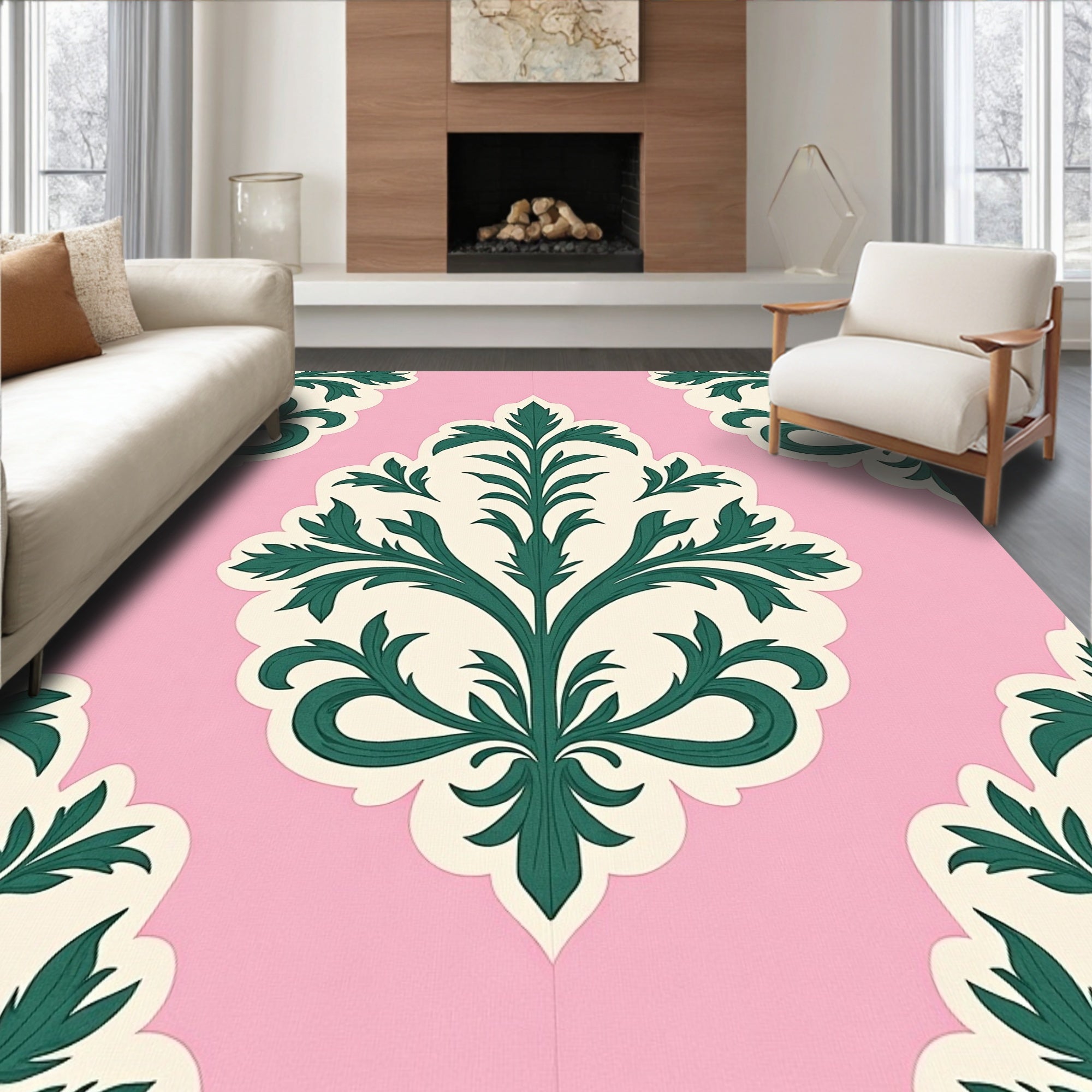 Machine Distressed Damask with Faded Botanical Scrollwork (Pink) - ODIKA