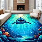 Underwater Adventure Shark Area Rug with Bold Jaws and Ocean Waves(Blue)