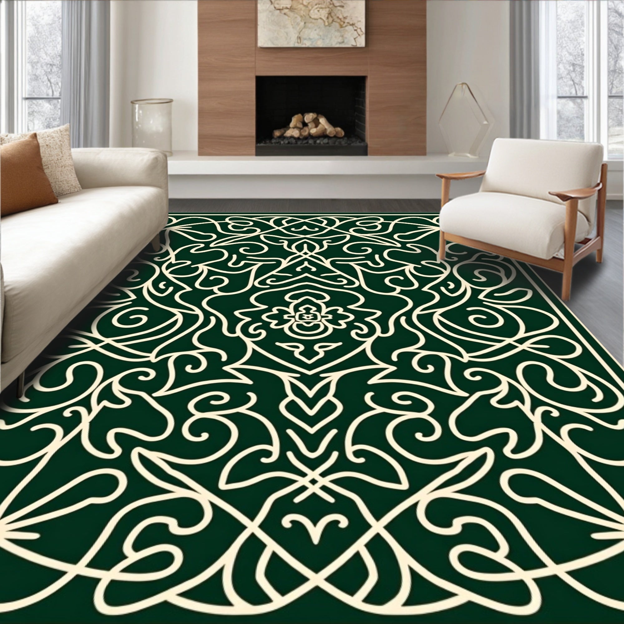 Interlocking Wave Motif with Ornate Scrollwork and Abstract Floral (Green) - ODIKA
