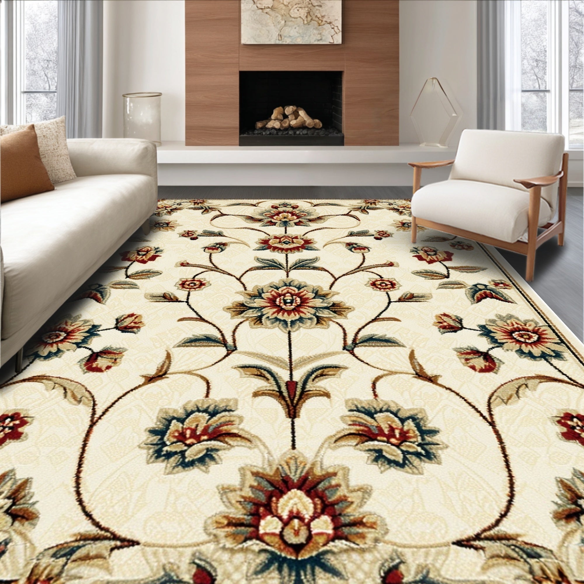 Ultra Soft Area Rug, Non Slip, Stain Resistant, Washable Area Rugs for Living Room, Bedroom, Vintage Floral Neutral Living Room Stain-Resistant Rug(Beige)