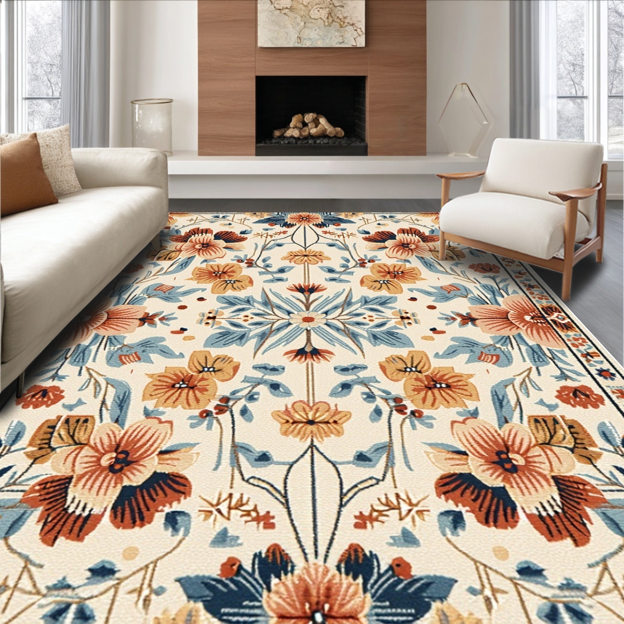 Ultra Soft Area Rug, Non Slip, Stain Resistant, Washable Area Rugs for Living Room, Bedroom, Faded Floral Bedroom Carpet for Minimal Living(Beige)
