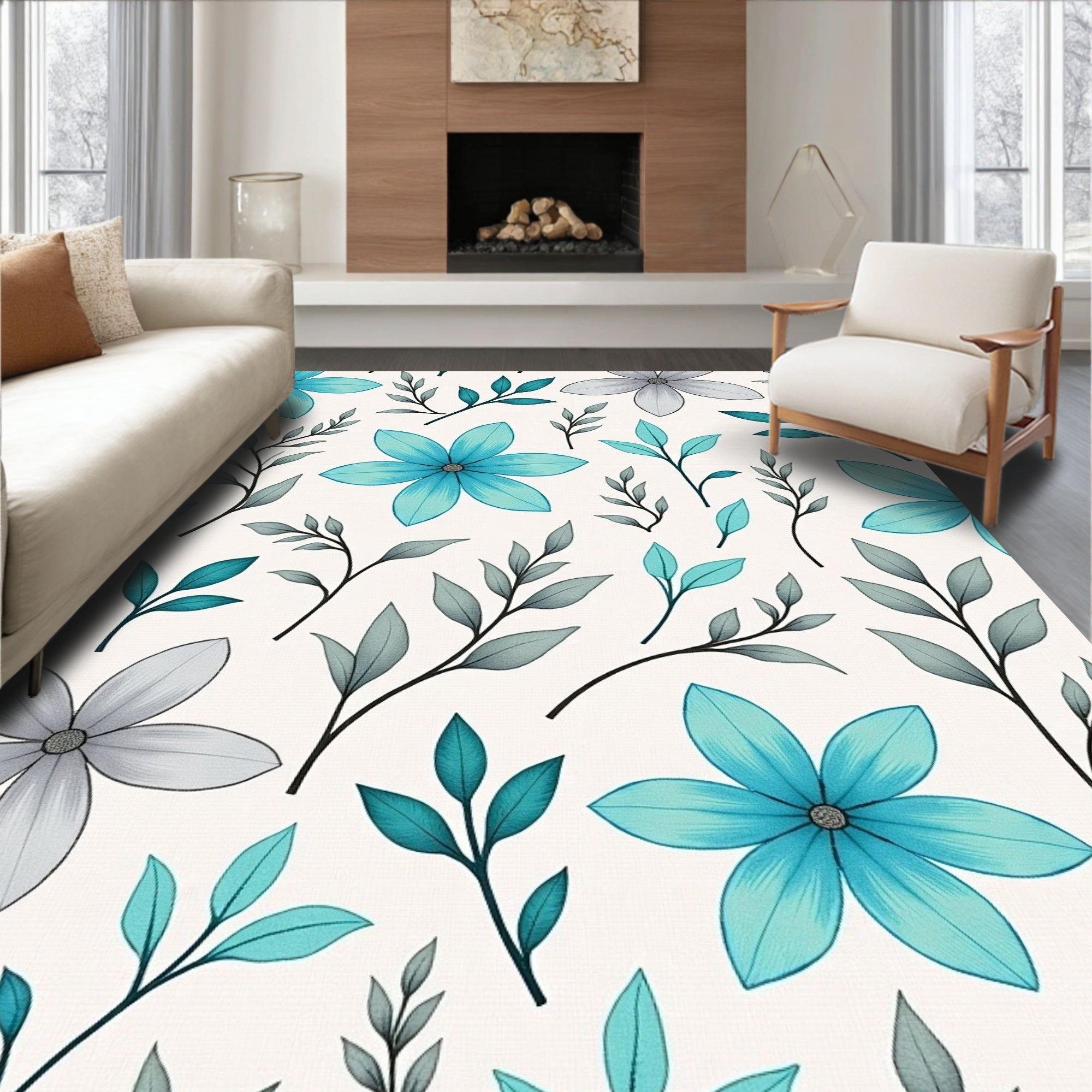 Contemporary Floral with and Gray Swirls (Blue) - ODIKA