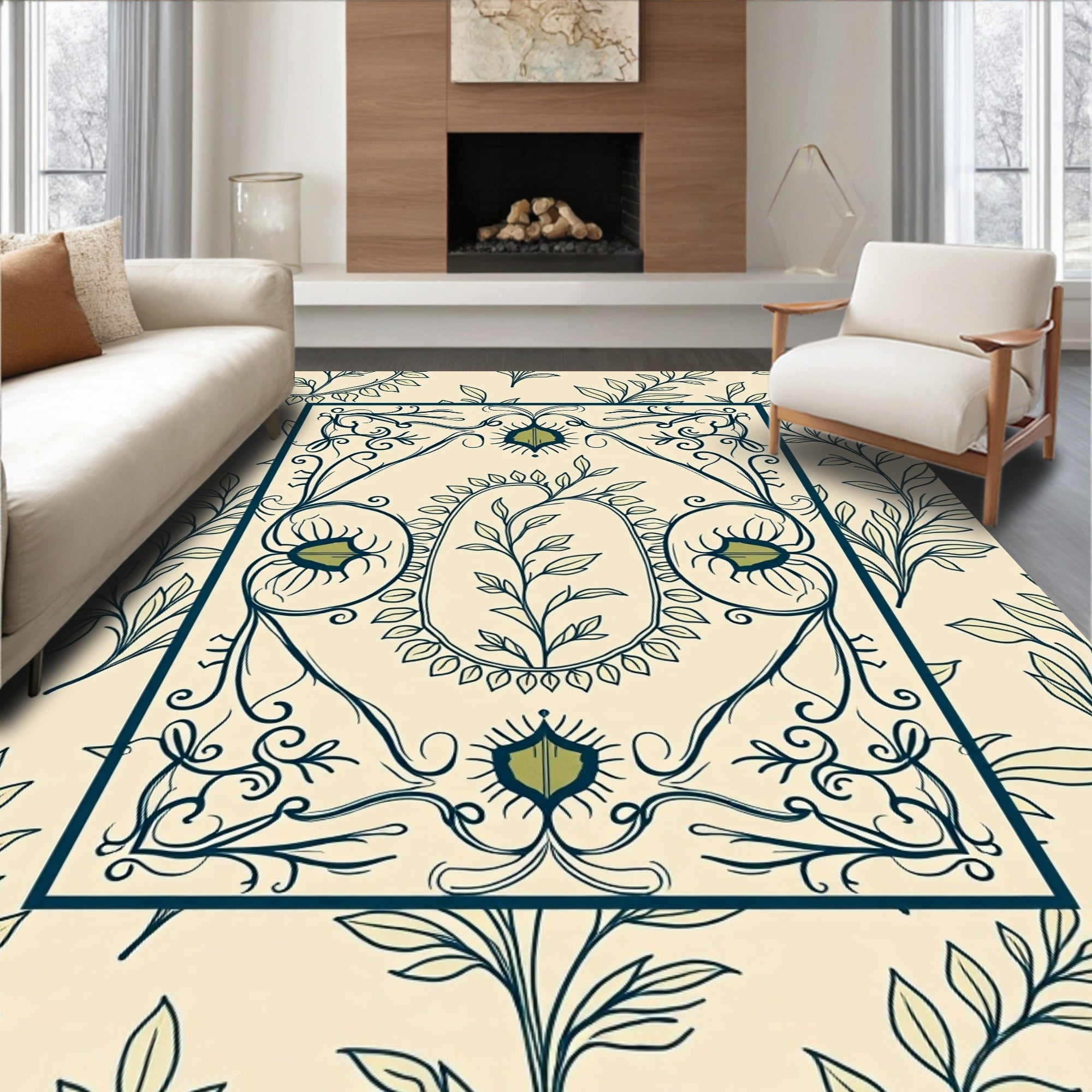 Botanical Motif with Leafy Vines and Whimsical Swirls (Beige) - ODIKA