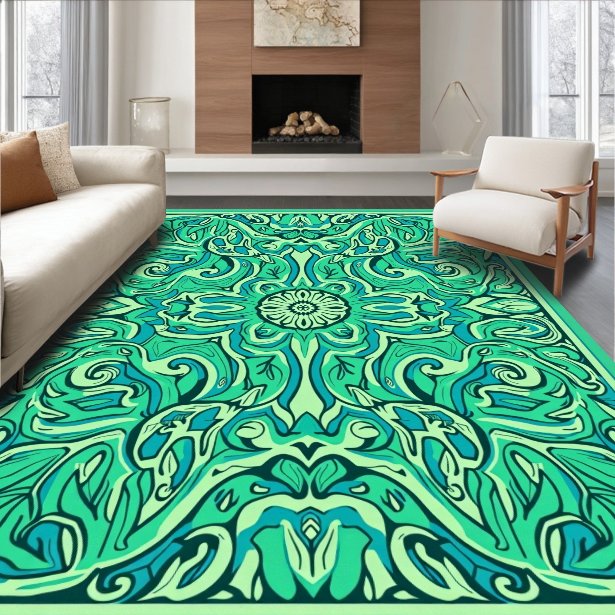 Enchanted Garden Blossoms Swirling Vines Abstract Foliage (Green) - ODIKA