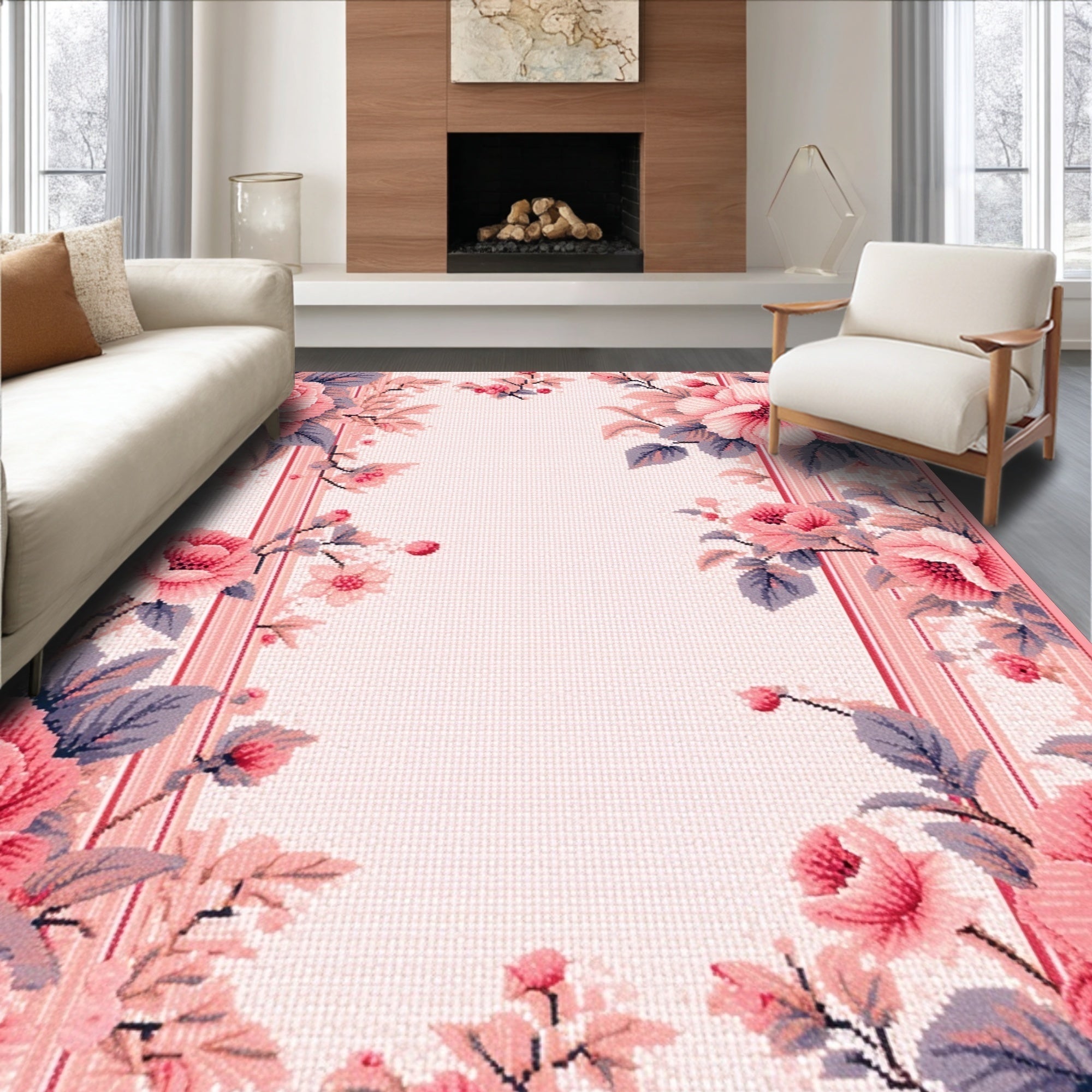 Ultra Soft Area Rug, Non Slip, Stain Resistant, Washable Area Rugs for Living Room, Bedroom, Soft Pastel Floral Living Room Washable Carpet(Pink)