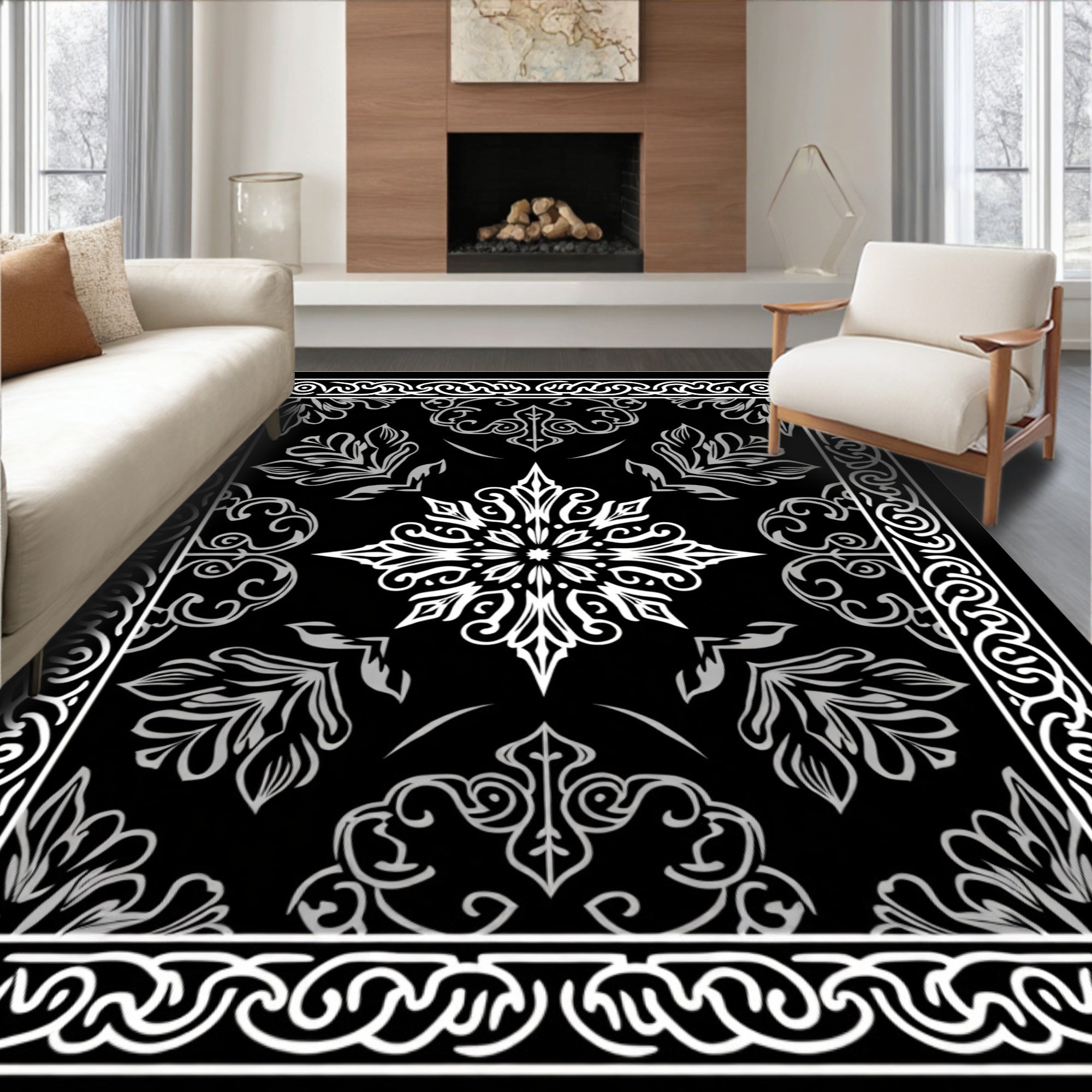 Ebony Damask Medallion Design with Ornate Scrollwork (Black) - ODIKA