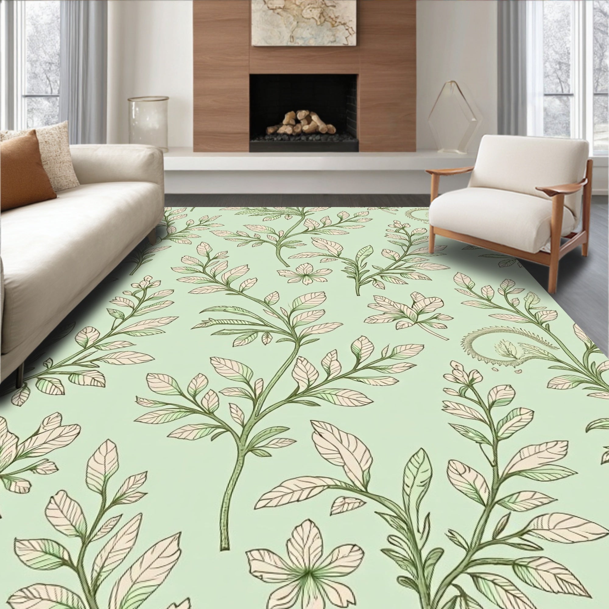 Ornate Boho Garden Vine Motif with Stylized Blooms (Green) - ODIKA