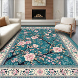 Floral Teal Door Rug with Cherry Blossom Branch Pattern and Decorative Accents(Blue)