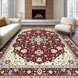 Burgundy and Cream Floral Medallion Area with Geometric Design(Red)
